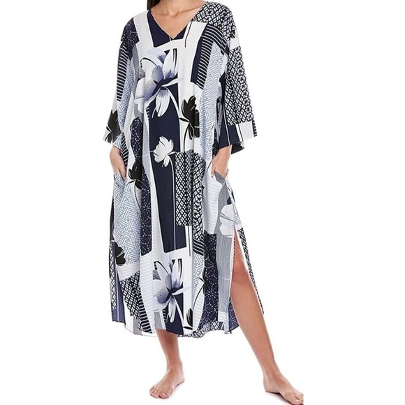Natori Dresses & Skirts - Natori Women Navy White Patchwork Floral Geometric Caftan Maxi Dress‎ XS Pockets